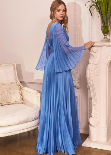 Cinderella Divine Pleated Chiffon Long Sleeve Gown 
