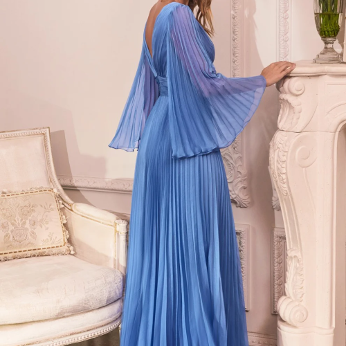 Cinderella Divine Pleated Chiffon Long Sleeve Gown 