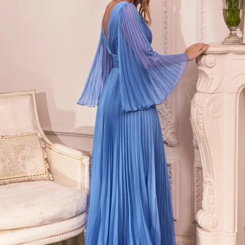 Cinderella Divine Pleated Chiffon Long Sleeve Gown 
