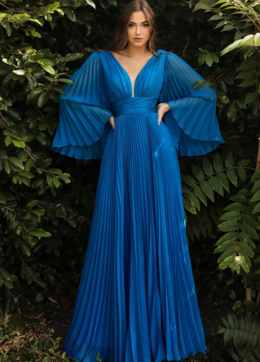 Cinderella Divine Pleated Chiffon Long Sleeve Gown 