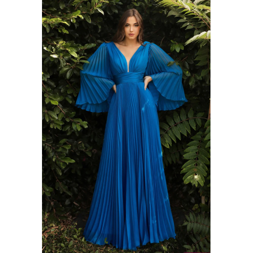 Cinderella Divine Pleated Chiffon Long Sleeve Gown 