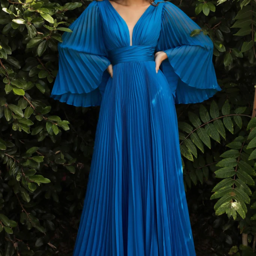 Cinderella Divine Pleated Chiffon Long Sleeve Gown 