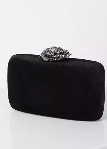 حقيبة سهرة سوداء مزينة بوردة من الكريستال 