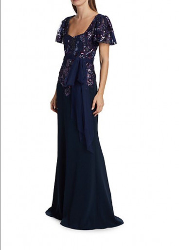 Badgley Mischka beaded lace flutter-sleeve gown