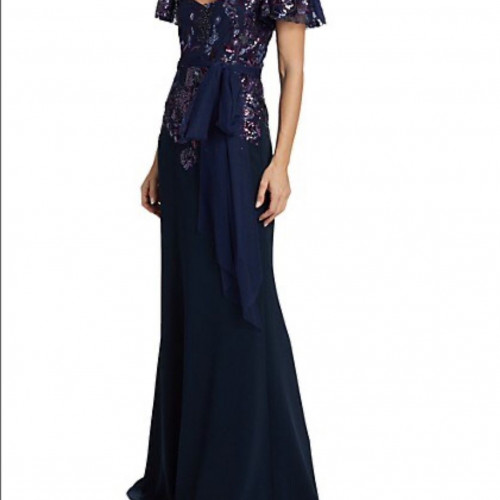 Badgley Mischka beaded lace flutter-sleeve gown