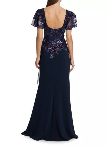 Badgley Mischka beaded lace flutter-sleeve gown