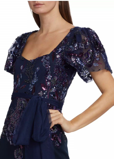 Badgley Mischka beaded lace flutter-sleeve gown