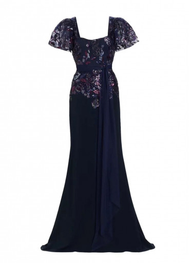 Badgley Mischka beaded lace flutter-sleeve gown