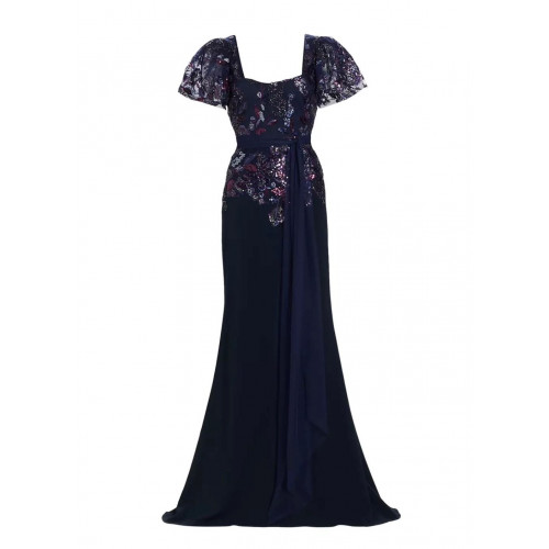 Badgley Mischka beaded lace flutter-sleeve gown