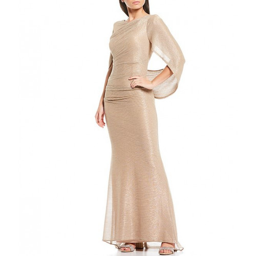 Betsy & Adam Drape Back Cape Sleeveless Metallic Crinkle Mermaid Gown 