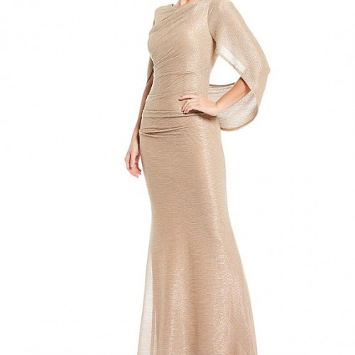 Betsy & Adam Drape Back Cape Sleeveless Metallic Crinkle Mermaid Gown 