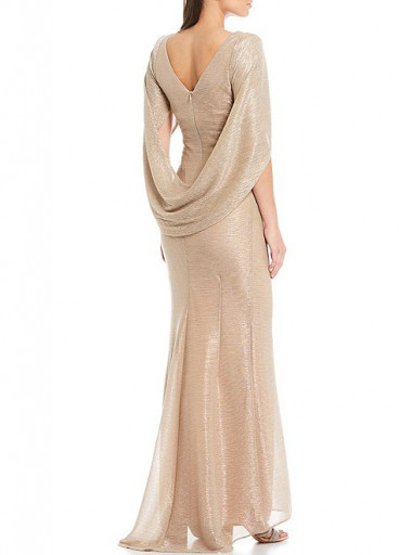 Betsy & Adam Drape Back Cape Sleeveless Metallic Crinkle Mermaid Gown 