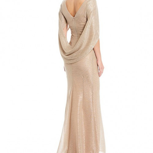 Betsy & Adam Drape Back Cape Sleeveless Metallic Crinkle Mermaid Gown 