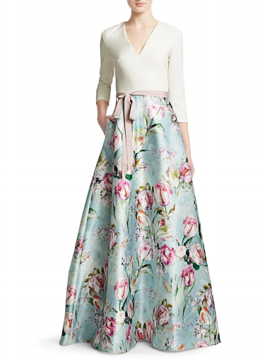 Theia V-neck Floral Skirt Gown
