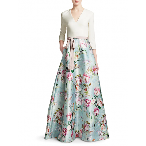 Theia V-neck Floral Skirt Gown