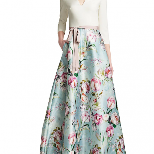 Theia V-neck Floral Skirt Gown