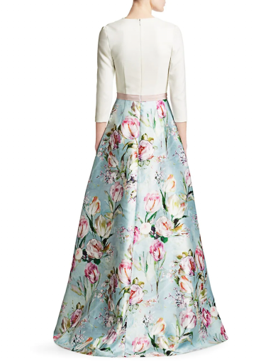 Theia V-neck Floral Skirt Gown