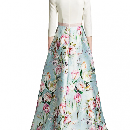 Theia V-neck Floral Skirt Gown