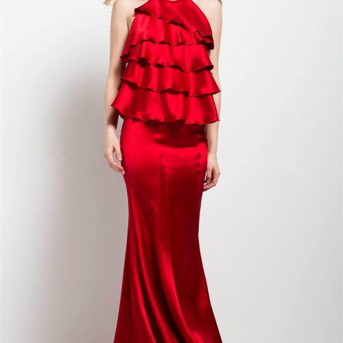 Jovani ruffled halter sheath dress