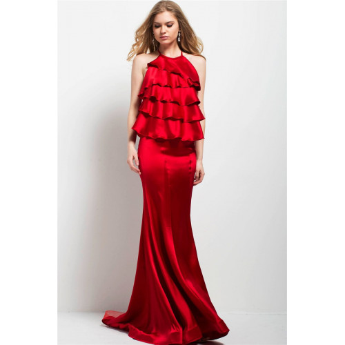 Jovani ruffled halter sheath dress