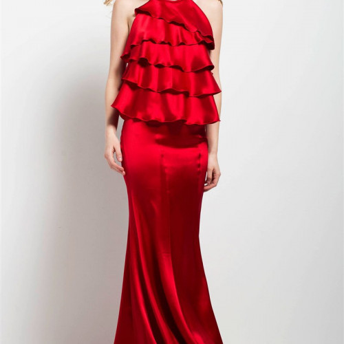 Jovani ruffled halter sheath dress