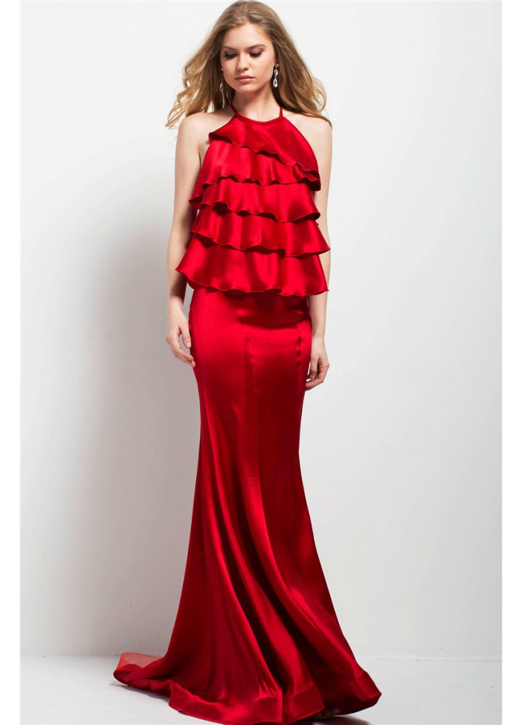 Jovani ruffled halter sheath dress