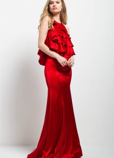 Jovani ruffled halter sheath dress