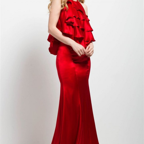 Jovani ruffled halter sheath dress