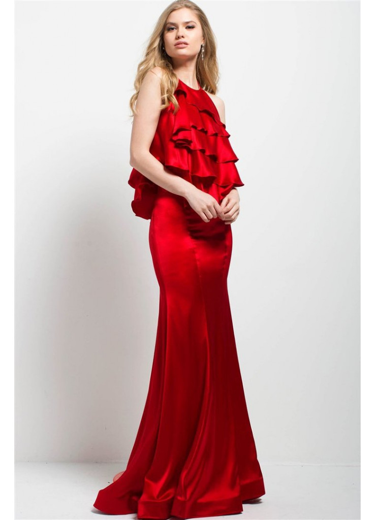 Jovani ruffled halter sheath dress