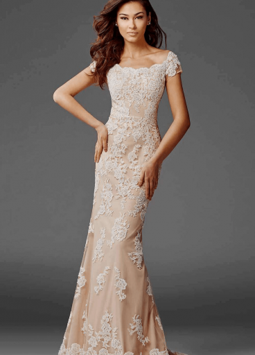 Lace-layered short-sleeved evening gown with scalloped detail by Clarisse