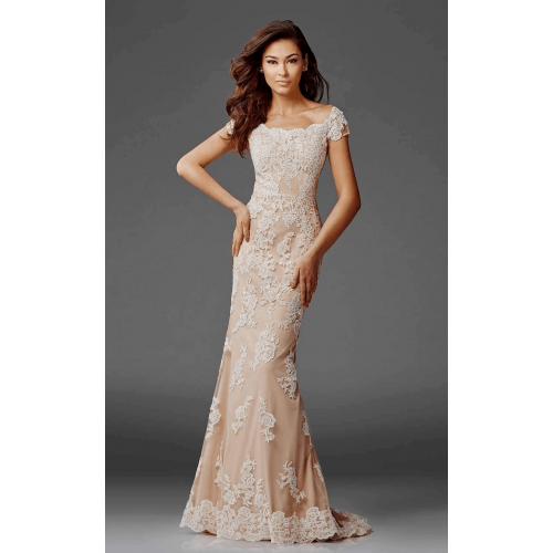 Lace-layered short-sleeved evening gown with scalloped detail by Clarisse