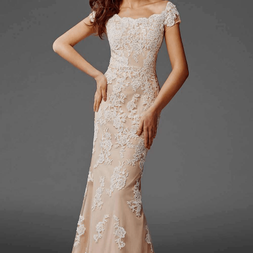 Lace-layered short-sleeved evening gown with scalloped detail by Clarisse