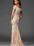 Lace-layered short-sleeved evening gown with scalloped detail by Clarisse