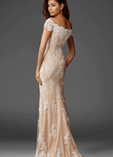 Lace-layered short-sleeved evening gown with scalloped detail by Clarisse