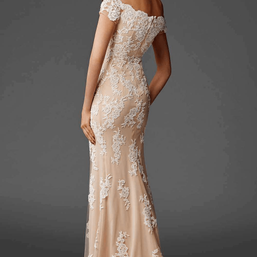 Lace-layered short-sleeved evening gown with scalloped detail by Clarisse