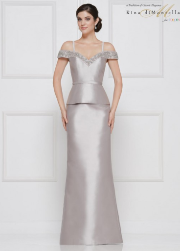 Rina di Montella Mikado gown with peplum and beaded off the shoulders and neckline Rina di Montella Mikado gown with peplum and beaded off the shoulders and neckline