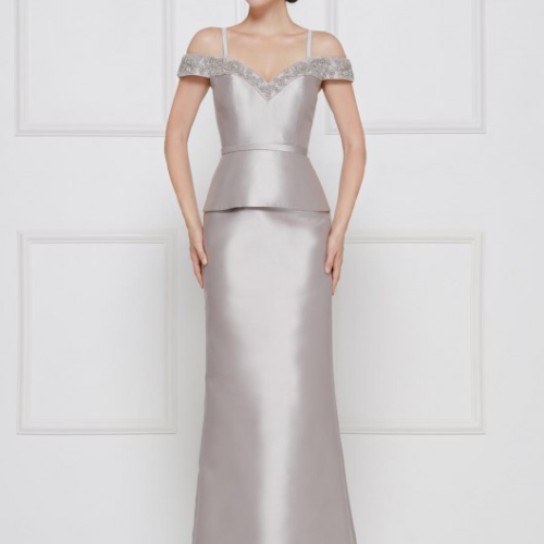 Rina di Montella Mikado gown with peplum and beaded off the shoulders and neckline