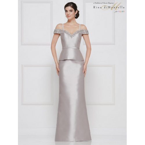 Rina di Montella Mikado gown with peplum and beaded off the shoulders and neckline 