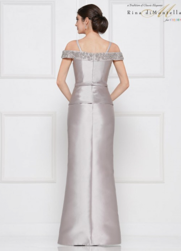 Rina di Montella Mikado gown with peplum and beaded off the shoulders and neckline 