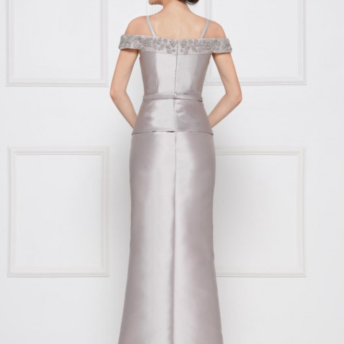 Rina di Montella Mikado gown with peplum and beaded off the shoulders and neckline