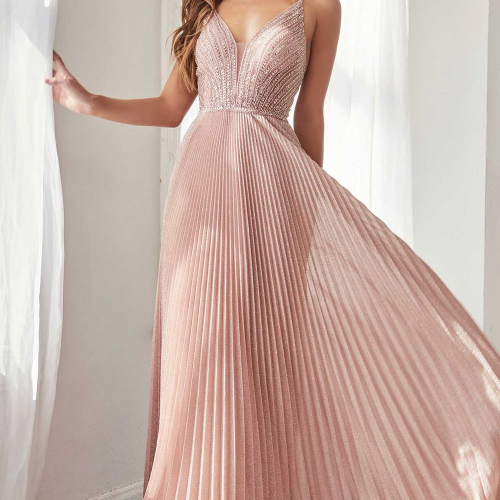  Cinderella Divine A-line pleated metallic gown with beaded bodice and open back