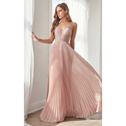  Cinderella Divine A-line pleated metallic gown with beaded bodice and open back
