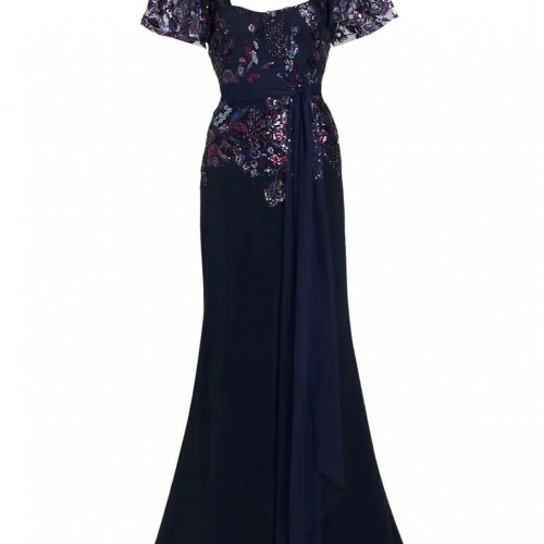 Badgley Mischka beaded lace flutter-sleeve gown