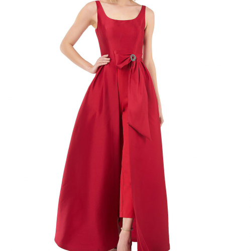  Kay Unger Jumpsuit with Embellished Brooch Bow 