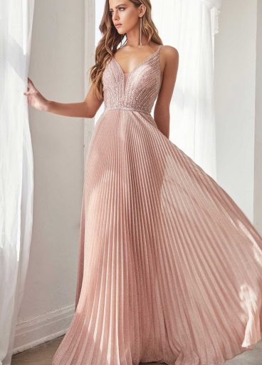  Cinderella Divine A-line pleated metallic gown with beaded bodice and open back
