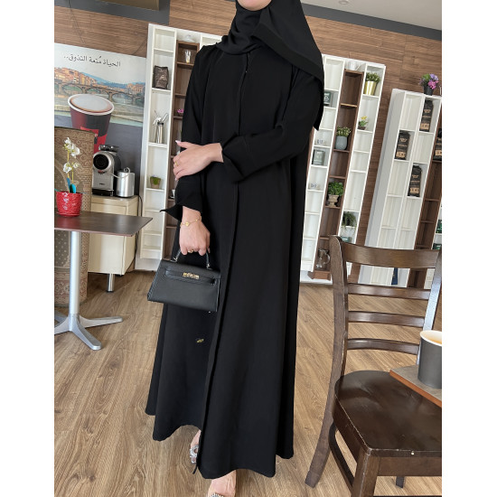 عباية  00477 سادة بقصة كلوش كريب ملكي سواد فاحم 