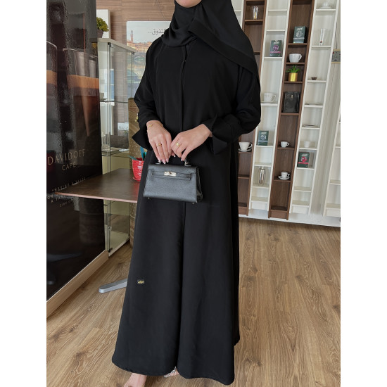 عباية  00477 سادة بقصة كلوش كريب ملكي سواد فاحم 
