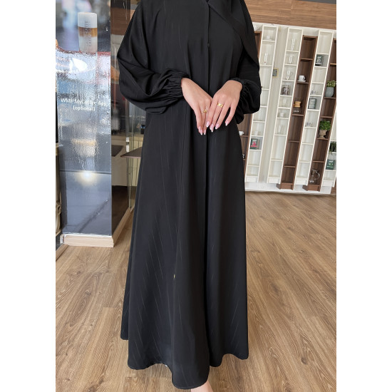 عباية  00541 كريب مقلم أسود وكم مطاط