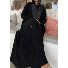 عباية  00616 فاخرة بياقة من الدانتيل الفرنسي بخامة كريب سواد فاحم