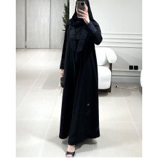 عباية  00628 أنيقة ورسمية بياقة من الدانتيل الفرنسي بخامة كريب سواد فاحم